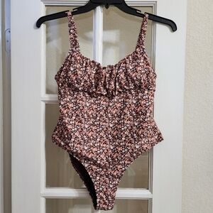Refuge Floral One Piece Swimsuit XL Brown Ruffle Ruched Sweetheart High Cut